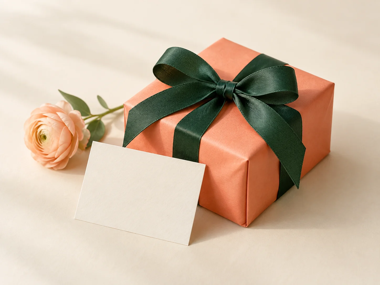 A coral gift box tied with a deep green ribbon, beside a blank note card and a peach flower.
